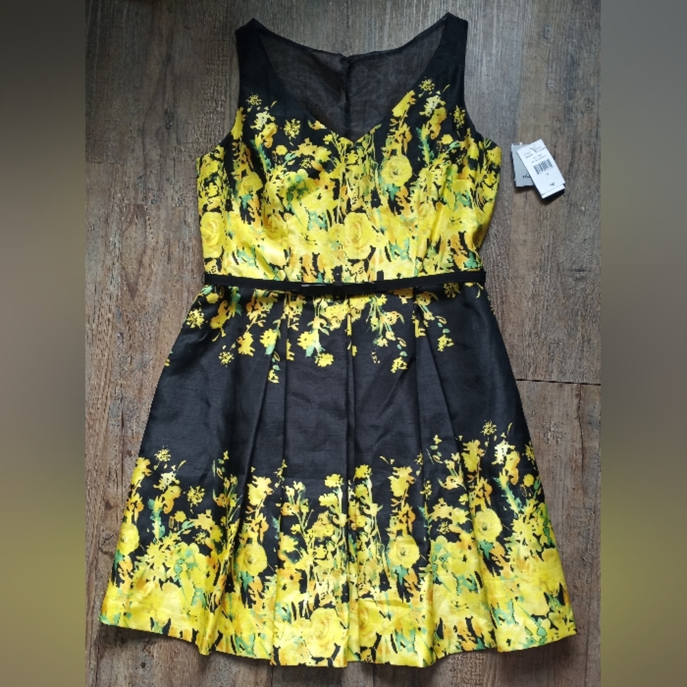 Danny & Nicole Black & Yellow Floral Satin Dress Size 14